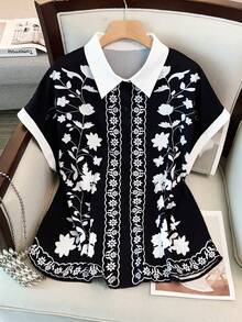GlowEve CURVE Plus Size Elegant Floral Color Block Shirt, Fitted Slimming Design, Suitable For Daily Commute, Outing, Party And Vacation - Black - View 1
