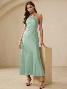BELROSIE 春季新款不对称金属扣无袖吊带修身鱼尾连衣裙 - 藍色 - 查看 5