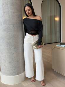 女士露肩长袖撞色蕾丝时尚T恤 - 黑色 - 查看 5