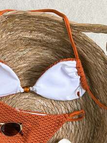 SHEIN Swim SXY Women's New Spaghetti Strap Backless Halter Swimsuit Top And High Cut Bikini Bottom Sexy Swimwear Set - Brown - View 5