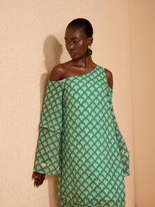 JIAN LASALA All-Over Print Chiffon Asymmetric Neck One-Shoulder Flared Sleeves Layered Maxi Dress - Green - View 7
