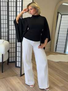 Bethéva Women's Solid Color Turtleneck Flare Sleeve Casual Top,Black Top - Black - View 6