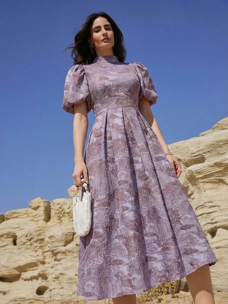 Spring & Summer Floral Print Dress, Elegant Fit For Valentine's Day, Wedding, Party, Formal Occasion, Fashionable Commute, Long Sleeve Midi Dress With Dark Floral Pattern