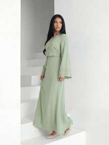 Veilorie Đầm nữ thanh lịch, kín đáo, thêu hoa, tay loe kiểu Ả Rập. - màu xanh lá - Xem 3