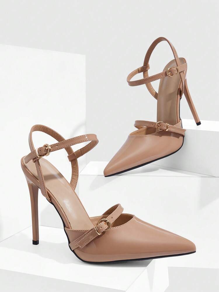CUCCOO SZL Women Shoes Women's Pointed Stiletto Apricot Glossy Ankle Strap Buckle Temperament Elegant Fashion Sexy Women's High-Heeled Shoes Slingback Shoes Suitable For Parties, Parties, Banquets And Other Occasions Women's Shoes