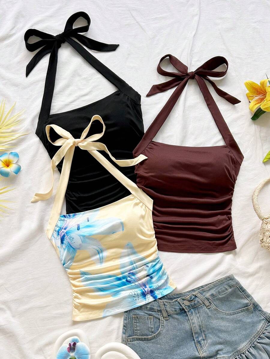 Soleia Áo Camisole dệt kim họa tiết, dây mảnh, buộc dây sau, kiểu dáng thanh lịch, thoải mái, thích hợp cho kỳ nghỉ, hàng mới về. - Nhiều màu - Xem 1