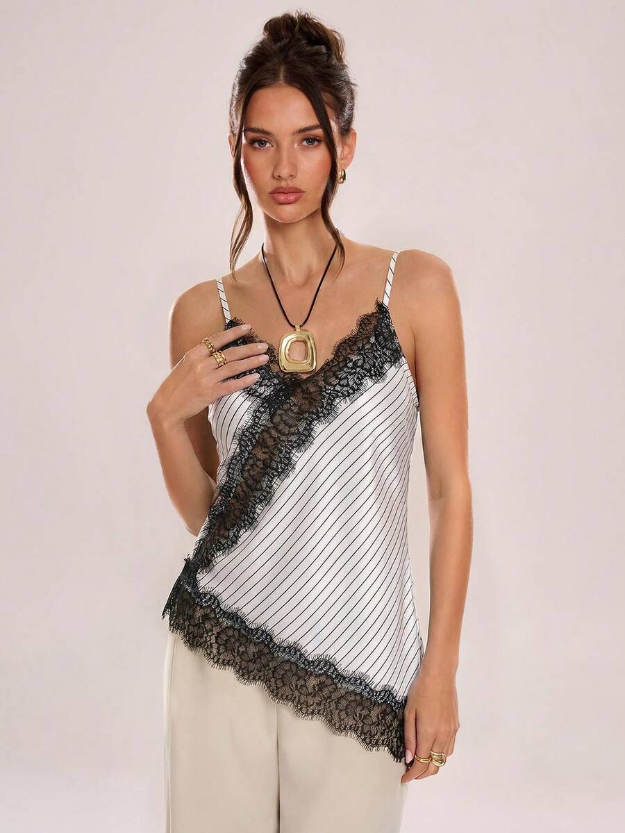 Avenya Áo camisole nữ phối ren kẻ sọc, kiểu dáng thường ngày, đa năng. - trắng - Xem 1