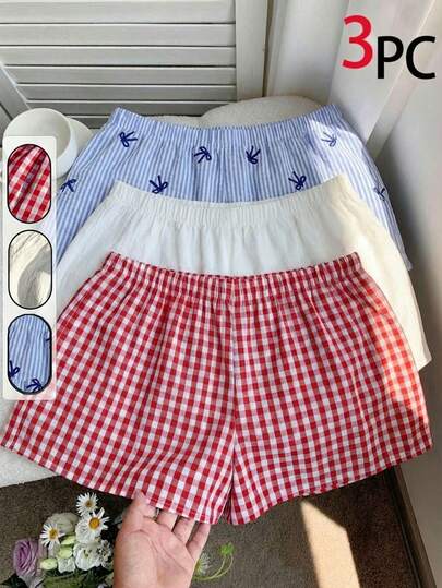 SHEIN Bộ 3 quần short ống đứng kẻ sọc dệt kim phong cách đường phố thường ngày dành cho bé gái tuổi teen.