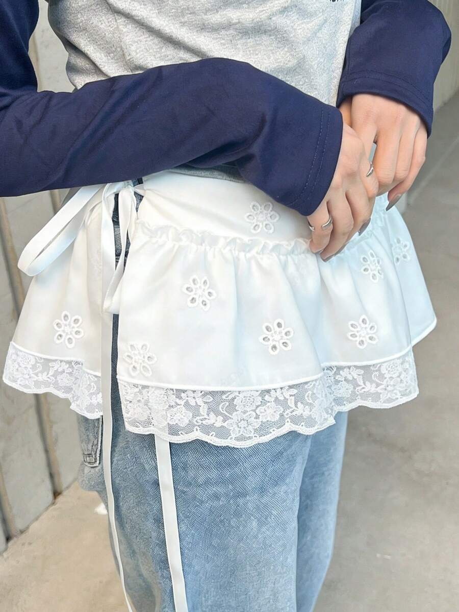 FRIFUL 女士棉质刺绣面料拼接蕾丝边可调节腰围多层裙摆半身裙 - 白色 - 查看 1