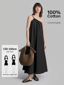 Ontre Petite Đầm nữ mùa hè 2026 dáng rộng, màu đen trơn, thiết kế bất đối xứng, phù hợp cho cả hoạt động ngoài trời và công sở. - màu đen - Xem 1