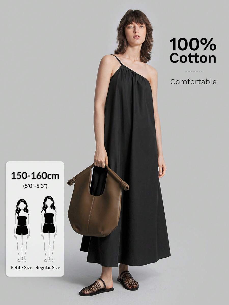 Ontre Petite Đầm nữ mùa hè 2026 dáng rộng, màu đen trơn, thiết kế bất đối xứng, phù hợp cho cả hoạt động ngoài trời và công sở. - màu đen - Xem 1