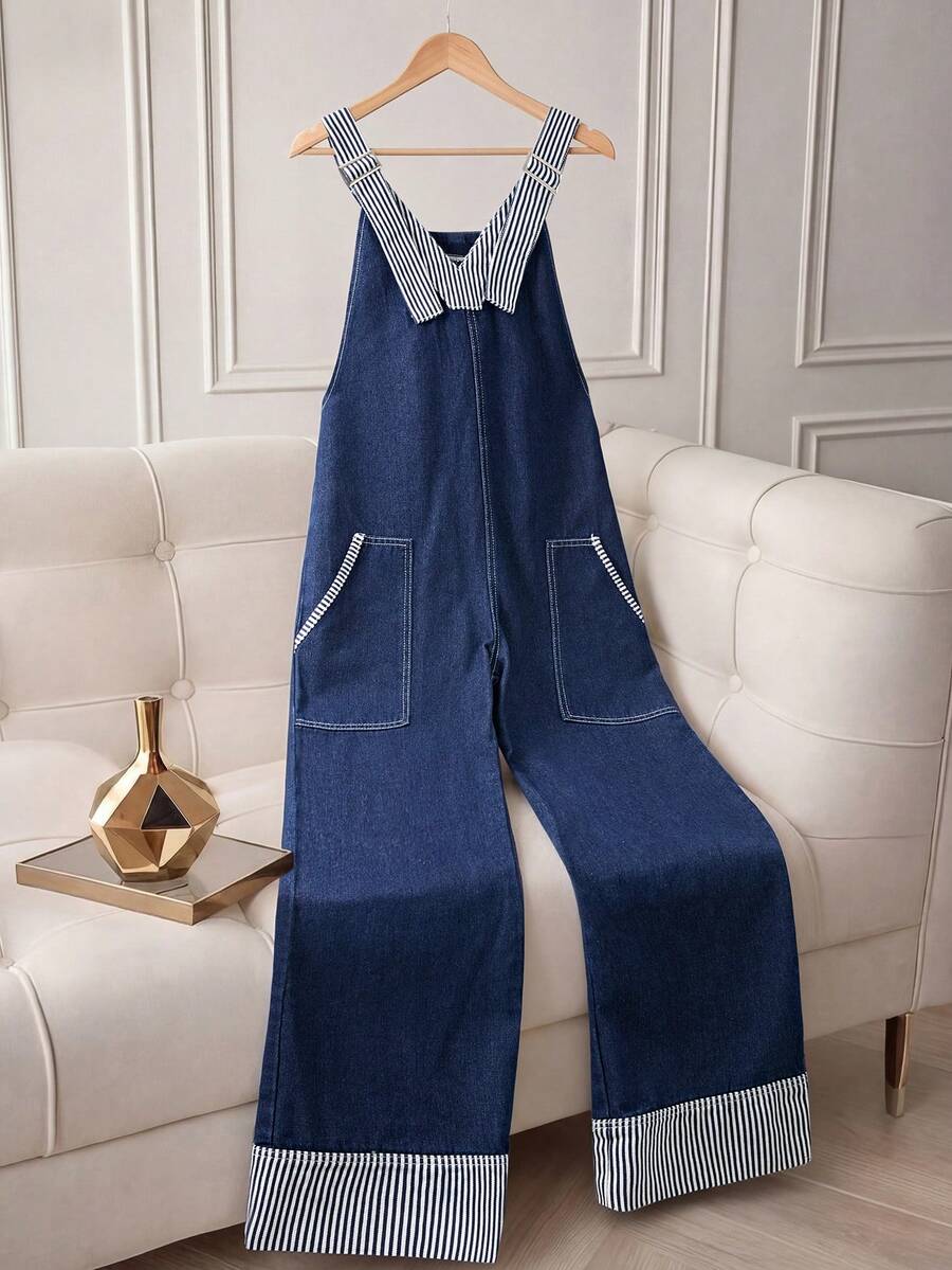 Mono de mezclilla con diseño de tirantes de hombro a rayas y patchwork para mujer - Azul - Ver 1
