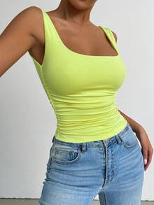 SHEIN PETITE 蝴蝶图案黄色修身背心，女士夏季上衣，适合海滩和泳池派对，时尚性感，适合节日和嘉年华聚会，欧美风，适合夜店、酒吧和度假，性感火辣上衣 - 黃色 - 查看 3