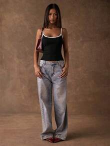 SHEIN BAE Áo camisole nữ ôm dáng, phối màu tương phản, kiểu dáng thường ngày. - Đen và trắng - Xem 4