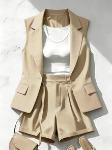 Franclia 女士卡其色无袖套装，采用修身腰线和翻领设计，搭配束口短裤，适合通勤、日常穿着和轻商务场合，时尚优雅。春季女装，通勤装，办公着装，休闲日常装，精致时尚套装 - 卡其色 - 查看 10