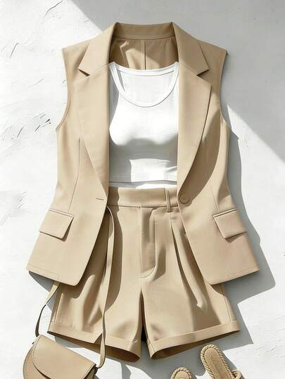 Franclia 女士卡其色无袖套装，采用修身腰线和翻领设计，搭配束口短裤，适合通勤、日常穿着和轻商务场合，时尚优雅。春季女装，通勤装，办公着装，休闲日常装，精致时尚套装