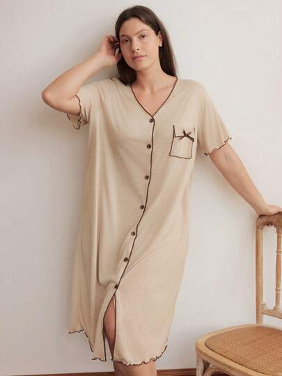 SHEIN Đầm midi tay ngắn cổ chữ V, có nơ cài phía trước, túi xếp ly, chất liệu vải dệt kim mềm mại, rủ nhẹ, dành cho nữ cỡ lớn, kiểu dáng thanh lịch tối giản, thích hợp mặc nhà vào ngày Valentine.