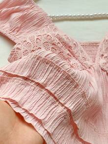 Comfortcana 女士优雅蕾丝拼接深V领衬衫，夏季 - 淺粉色 - 查看 8