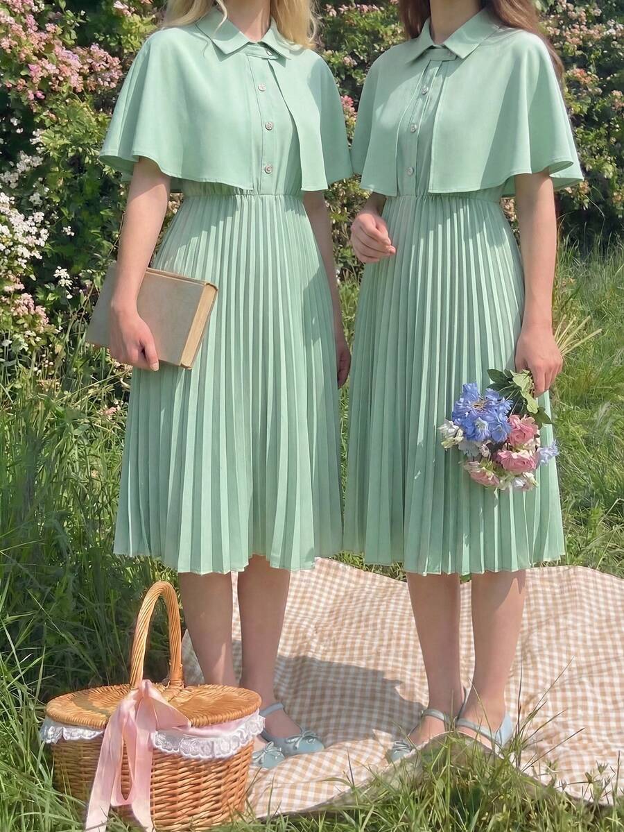 SHEIN 2pcs/Set Vintage Elegant Shawl Collar Pleated Hem Dress With Shirt For Teen Girls - Green - View 1