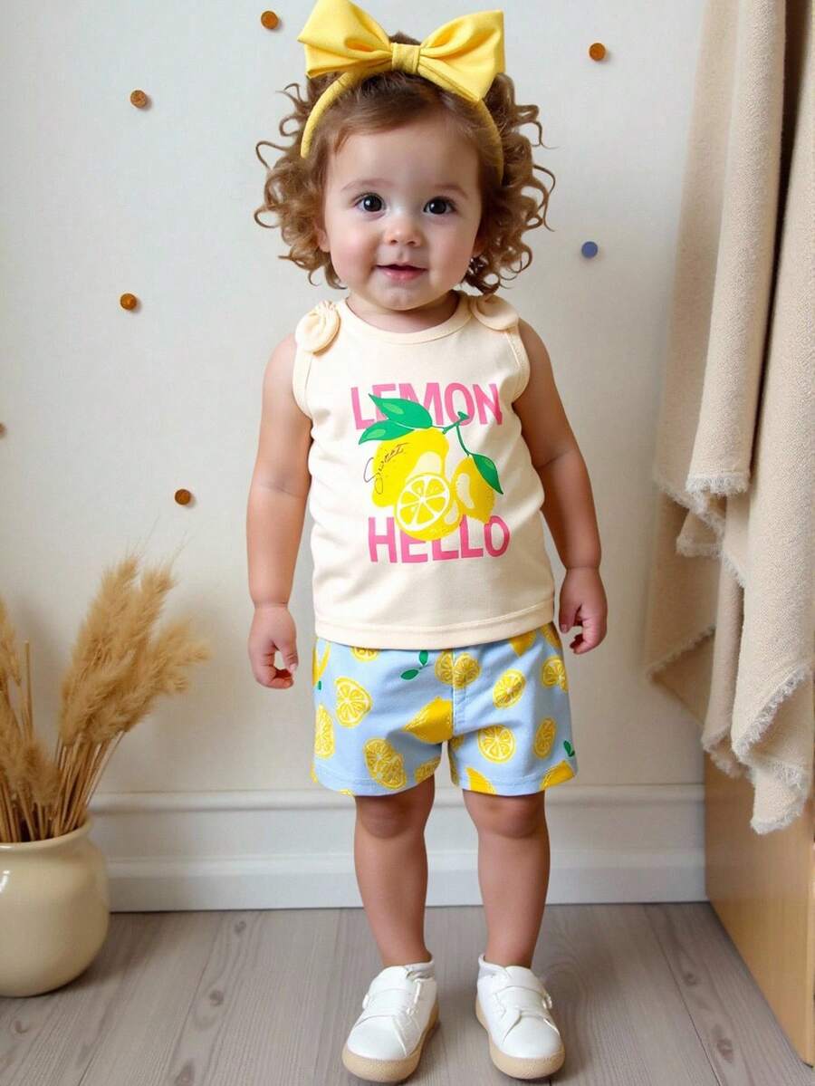 SHEIN Playful Pals Baby Girls' Casual Cute Bow Vest And Lemon Print Shorts Set, Spring/Summer - Blue - View 1