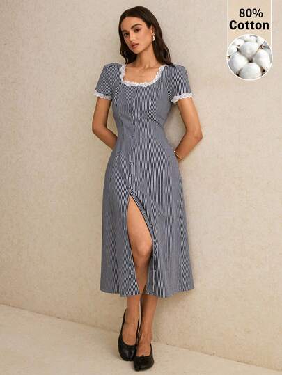 Poéselle Women's Contrast Lace Square Collar  Striped Single-Breasted Casual Mid-Length Dress,Elegant Dresses ,Casual Women's Dresses,Vacation Dresses,Country Outfits For Women,Work Outfits For Women,Perfect For Work, Vacations, And Everyday Wear.,Spring/Summer