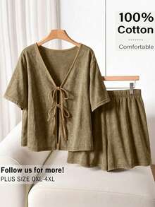 SHEIN Cosyjoi Bộ đồ mùa hè cỡ lớn gồm áo và quần short có dây rút, 2 món. - Màu Khaki - Xem 3