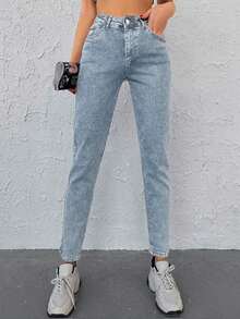 EURMUSE Zipper Fly Mom Fit Jeans - Baby Blue - View 4
