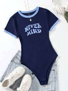 SHEIN EZwear 大码夏季休闲字母印花藏蓝色连体衣 - 藏蓝色 - 查看 1