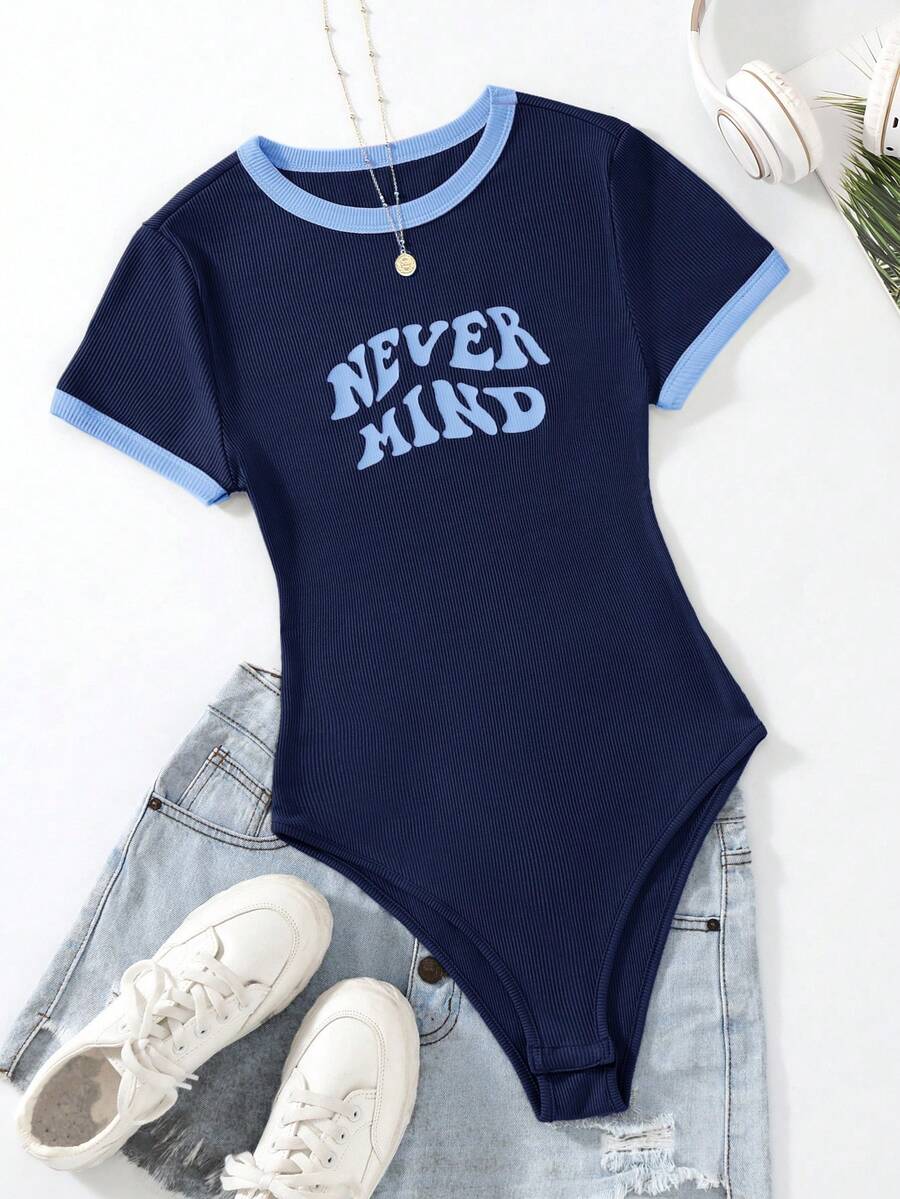 SHEIN EZwear 大码夏季休闲字母印花藏蓝色连体衣 - 藏蓝色 - 查看 1