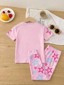Tenue d'intérieur décontractée minimaliste pour fille préadolescente, manches courtes et pantalon long, convient pour le printemps/été, coupe ajustée, motif de dessin animé, fille préadolescente - Multicolore - Voir 3