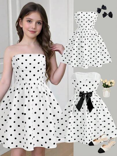 Girlism Đầm chấm bi cúp ngực cho bé gái tuổi teen, thích hợp cho mùa tựu trường, kỳ nghỉ, tiệc tùng, họp mặt gia đình, đám cưới và các dịp khác.