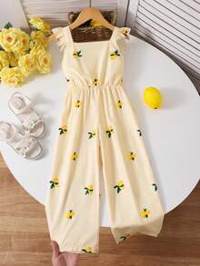 SHEIN Vintaside Kids Bộ áo liền quần in họa tiết kẻ caro chanh cho bé gái, tay bồng, trang phục thường ngày dễ thương cho những chuyến đi chơi và kỳ nghỉ hè. - Màu be - Xem 3