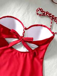 SHEIN Swim Chicsea 女士无肩带文胸式纯色连体泳衣 - 紅色 - 查看 10