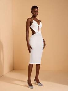 JIAN LASALA Straps Sleeveless V Neck Bodycon Women Midi Dress Wedding Party Night Out White Summer Sexy - White - View 5