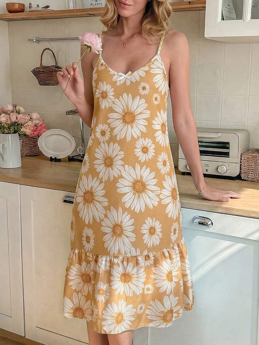 Vestido midi de mujer con escote en V y tirantes finos, vestido sin mangas con volantes en el bajo - Amarillo - Ver 1