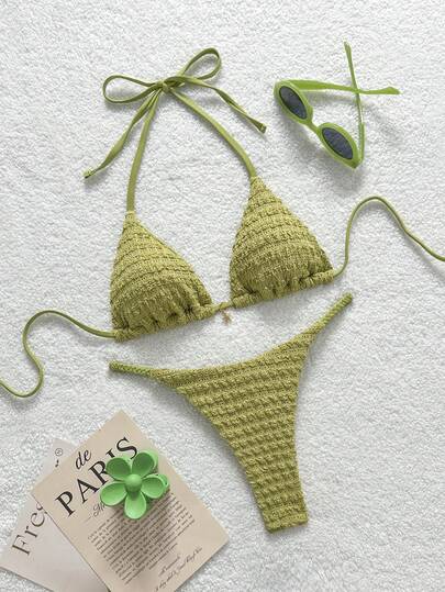 Soleia 女士夏季沙滩纯色吊带系带性感比基尼泳衣套装