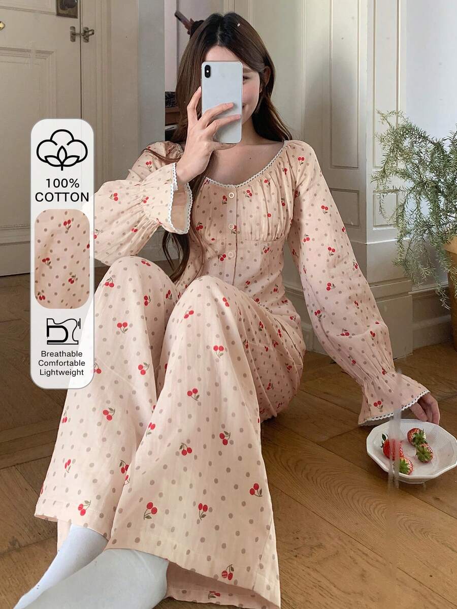 DAZY 2件組甜美櫻桃波點印花荷葉領女款睡衣套裝,春季睡衣 - 粉色 - 查看 1