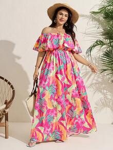 Comfylo Plus Size Women's Leopard Print Off-Shoulder Ruffle Waist A-Line Maxi Dress, Tropical Romantic Casual Western Maxi Dress - Multicolor - View 4