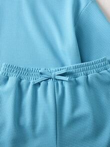 SHEIN LMoss Kids LMoss 少女针织纯色宽松短袖上衣和短裤休闲套装 - 薄荷藍 - 查看 5