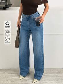 SHEIN 100% Cotton High Waist Tinted Blue Wash Loose Casual Denim Jean Button Front - Medium Wash - View 3