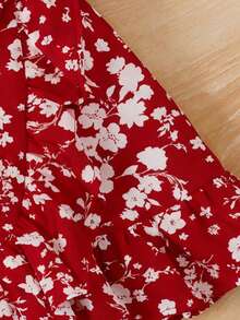 SHEIN 少女休闲舒适纯色背心搭配碎花迷你裙两件套 - 紅色 - 查看 4