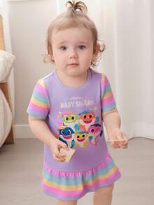 BABY SHARK X SHEIN Đầm ngắn tay cổ tròn kẻ sọc dễ thương cho bé gái, kiểu dáng bèo nhún. - Hồng - Xem 3