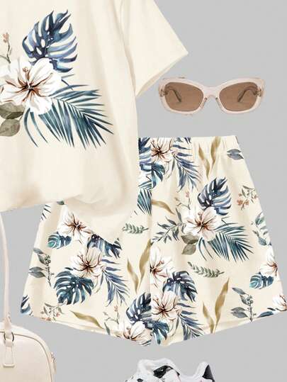 Set de 2 piezas con camiseta de manga corta de cuello redondo y pantalones cortos con estampado floral tropical retro casual, adecuado para primavera/verano, uso diario, en casa, escuela, conjuntos relajados y elegantes para adolescentes