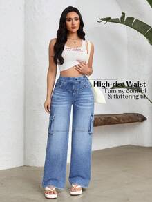 SHEIN Unity 女士休闲水洗直筒工装牛仔裤 - 藍色 - 查看 7