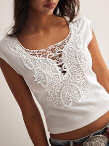 Easelle Women's Summer Casual Vacation White Scoop Neck Lace Patchwork Fitted T-Shirt Country Concert Graduation Tops For Women Cute T Shirt - White - View 5