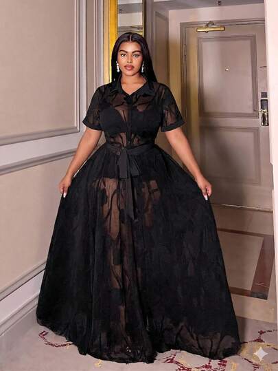 Maweii Plus Size Women's Fashion Sheer Short Sleeve Dress