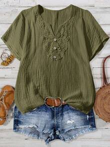 Linhara Áo cánh rộng màu trơn họa tiết vải cắt xẻ cổ áo cho kỳ nghỉ mùa hè cỡ lớn dành cho nữ cỡ lớn - xanh quân đội - Xem 1