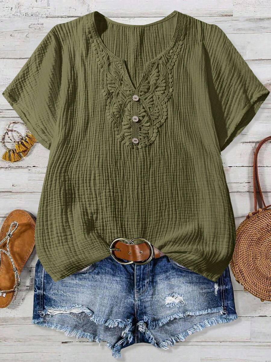 Linhara Áo cánh rộng màu trơn họa tiết vải cắt xẻ cổ áo cho kỳ nghỉ mùa hè cỡ lớn dành cho nữ cỡ lớn - xanh quân đội - Xem 1