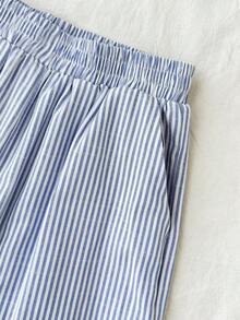 少女休闲度假套装，清新蓝色条纹系带褶皱抹胸上衣搭配低腰抽绳长裤，两件套，适合夏季、街拍、午餐等场合。 - 藍白色 - 查看 4
