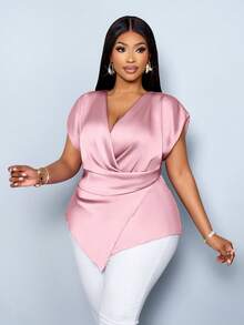 SOLERSUN 女士加大码春夏纯色时尚休闲优雅日常商务V领缎面不对称下摆衬衫 - 藕粉色 - 查看 4